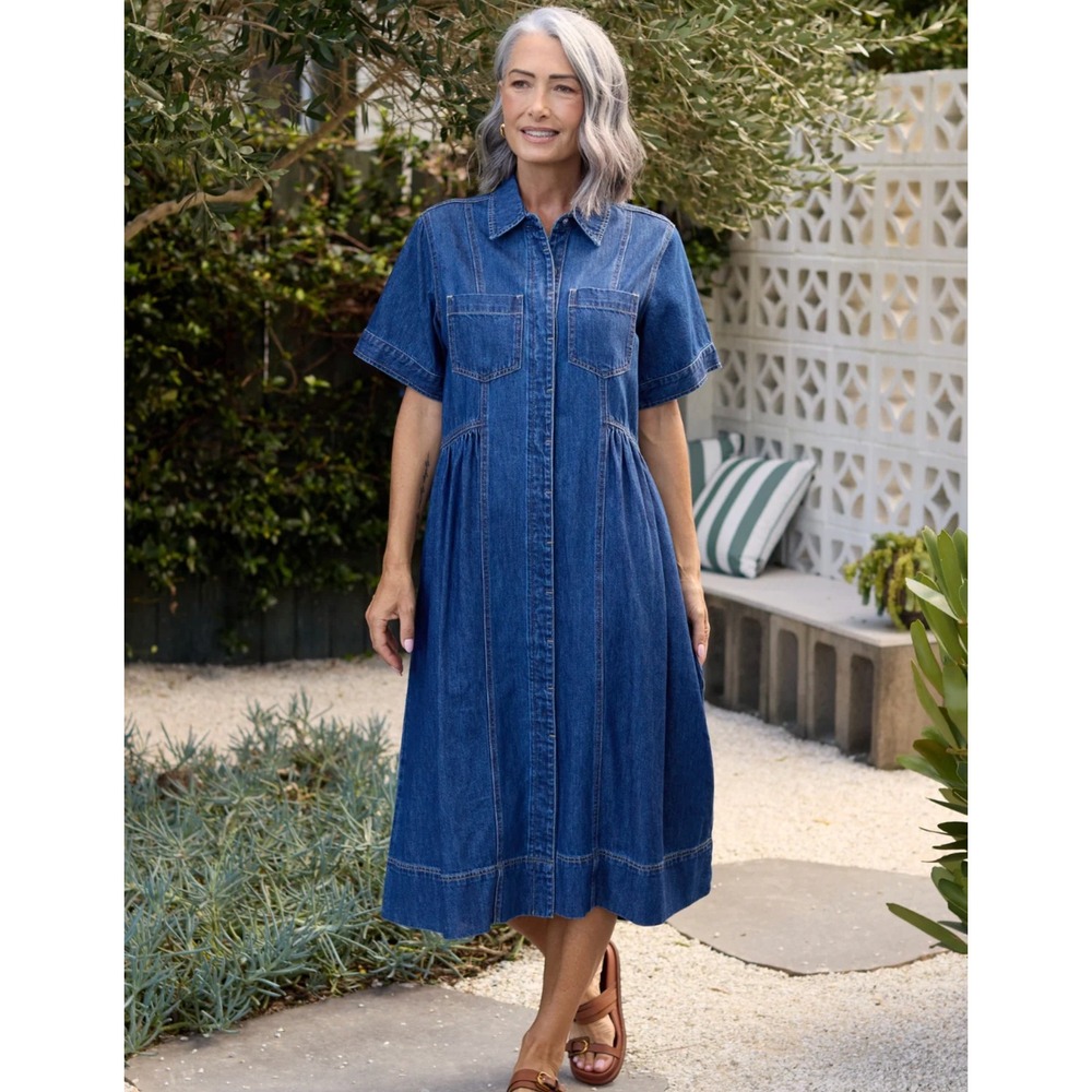 NEW Maye Montana Denim Midi Shirt Dress Mid Blue Button Front Womens Size L